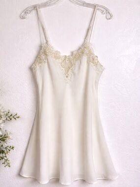 Dentelle White Lace Trim Slip Dress Adjustable Straps Nightgown Size S Vintage